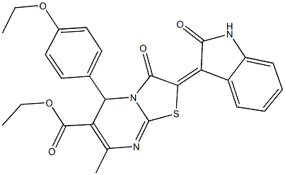 ethyl 5-(4-ethoxyphenyl)-7-methyl-3-oxo-2-(2-oxo-1,2-dihydro-3H-indol-3-ylidene)-2,3-dihydro-5H-[1,3]thiazolo[3,2-a]pyrimidine-6-carboxylate Struktur