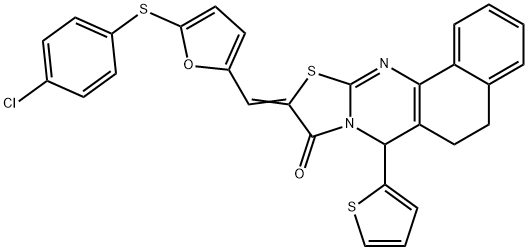 10-({5-[(4-chlorophenyl)sulfanyl]-2-furyl}methylene)-7-(2-thienyl)-5,7-dihydro-6H-benzo[h][1,3]thiazolo[2,3-b]quinazolin-9(10H)-one Struktur