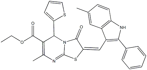 ethyl 7-methyl-2-[(5-methyl-2-phenyl-1H-indol-3-yl)methylene]-3-oxo-5-(2-thienyl)-2,3-dihydro-5H-[1,3]thiazolo[3,2-a]pyrimidine-6-carboxylate Struktur