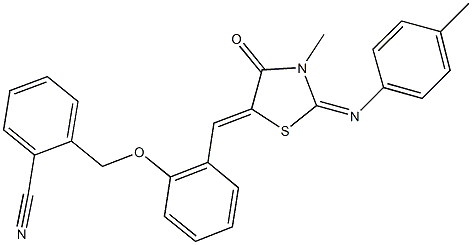 2-{[2-({3-methyl-2-[(4-methylphenyl)imino]-4-oxo-1,3-thiazolidin-5-ylidene}methyl)phenoxy]methyl}benzonitrile Struktur