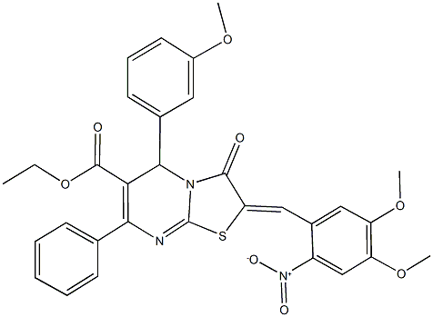 ethyl 2-{2-nitro-4,5-dimethoxybenzylidene}-5-(3-methoxyphenyl)-3-oxo-7-phenyl-2,3-dihydro-5H-[1,3]thiazolo[3,2-a]pyrimidine-6-carboxylate Struktur