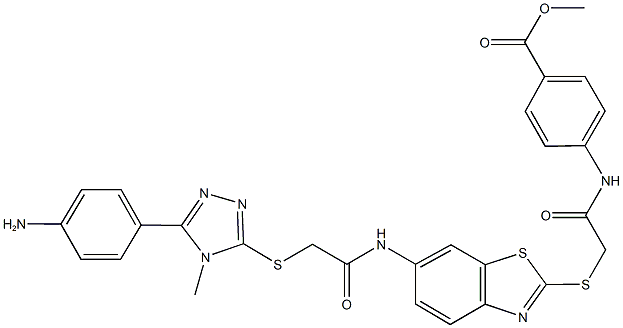 methyl 4-{[({6-[({[5-(4-aminophenyl)-4-methyl-4H-1,2,4-triazol-3-yl]sulfanyl}acetyl)amino]-1,3-benzothiazol-2-yl}sulfanyl)acetyl]amino}benzoate Struktur