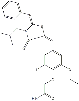 2-(2-ethoxy-6-iodo-4-{[3-isobutyl-4-oxo-2-(phenylimino)-1,3-thiazolidin-5-ylidene]methyl}phenoxy)acetamide Struktur