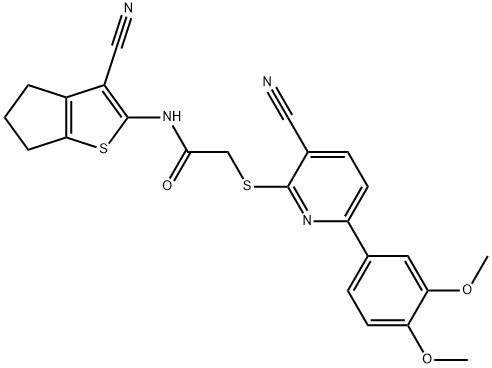 N-(3-cyano-5,6-dihydro-4H-cyclopenta[b]thien-2-yl)-2-{[3-cyano-6-(3,4-dimethoxyphenyl)pyridin-2-yl]sulfanyl}acetamide Struktur