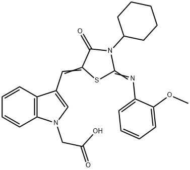 [3-({3-cyclohexyl-2-[(2-methoxyphenyl)imino]-4-oxo-1,3-thiazolidin-5-ylidene}methyl)-1H-indol-1-yl]acetic acid Struktur