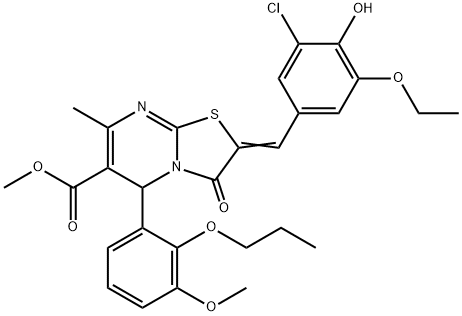 methyl 2-(3-chloro-5-ethoxy-4-hydroxybenzylidene)-5-(3-methoxy-2-propoxyphenyl)-7-methyl-3-oxo-2,3-dihydro-5H-[1,3]thiazolo[3,2-a]pyrimidine-6-carboxylate Struktur