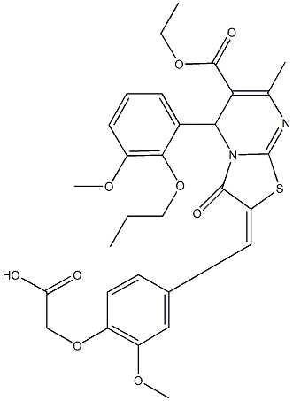 {4-[(6-(ethoxycarbonyl)-5-(3-methoxy-2-propoxyphenyl)-7-methyl-3-oxo-5H-[1,3]thiazolo[3,2-a]pyrimidin-2(3H)-ylidene)methyl]-2-methoxyphenoxy}acetic acid Struktur