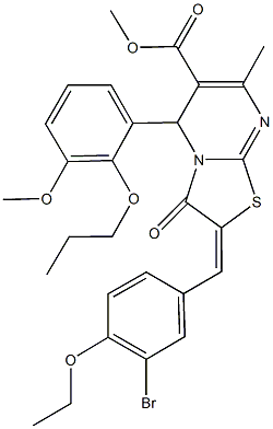 methyl 2-(3-bromo-4-ethoxybenzylidene)-5-(3-methoxy-2-propoxyphenyl)-7-methyl-3-oxo-2,3-dihydro-5H-[1,3]thiazolo[3,2-a]pyrimidine-6-carboxylate Struktur