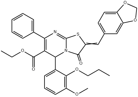 ethyl 2-(1,3-benzodioxol-5-ylmethylene)-5-(3-methoxy-2-propoxyphenyl)-3-oxo-7-phenyl-2,3-dihydro-5H-[1,3]thiazolo[3,2-a]pyrimidine-6-carboxylate Struktur