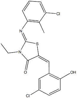 5-(5-chloro-2-hydroxybenzylidene)-2-[(3-chloro-2-methylphenyl)imino]-3-ethyl-1,3-thiazolidin-4-one Struktur