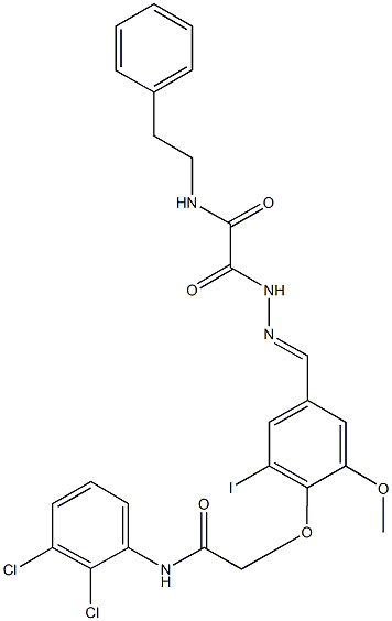 2-(2-{4-[2-(2,3-dichloroanilino)-2-oxoethoxy]-3-iodo-5-methoxybenzylidene}hydrazino)-2-oxo-N-(2-phenylethyl)acetamide Struktur