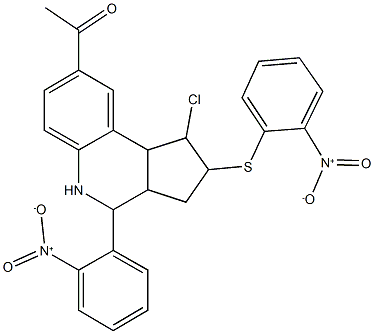 1-[1-chloro-4-{2-nitrophenyl}-2-({2-nitrophenyl}sulfanyl)-2,3,3a,4,5,9b-hexahydro-1H-cyclopenta[c]quinolin-8-yl]ethanone Struktur