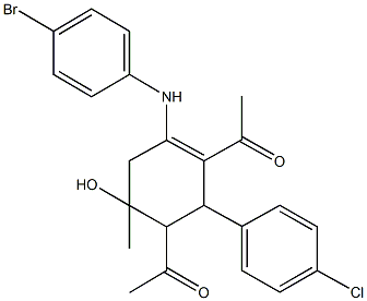 1-[3-acetyl-4-(4-bromoanilino)-2-(4-chlorophenyl)-6-hydroxy-6-methyl-3-cyclohexen-1-yl]ethanone Struktur