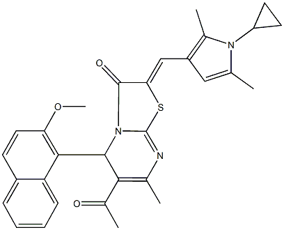 6-acetyl-2-[(1-cyclopropyl-2,5-dimethyl-1H-pyrrol-3-yl)methylene]-5-(2-methoxy-1-naphthyl)-7-methyl-5H-[1,3]thiazolo[3,2-a]pyrimidin-3(2H)-one Struktur