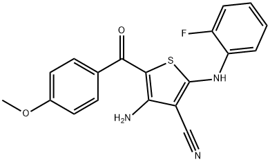 4-amino-2-(2-fluoroanilino)-5-(4-methoxybenzoyl)-3-thiophenecarbonitrile Struktur