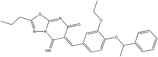 6-[3-ethoxy-4-(1-phenylethoxy)benzylidene]-5-imino-2-propyl-5,6-dihydro-7H-[1,3,4]thiadiazolo[3,2-a]pyrimidin-7-one Struktur