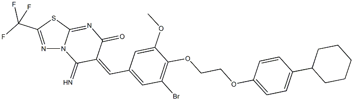 6-{3-bromo-4-[2-(4-cyclohexylphenoxy)ethoxy]-5-methoxybenzylidene}-5-imino-2-(trifluoromethyl)-5,6-dihydro-7H-[1,3,4]thiadiazolo[3,2-a]pyrimidin-7-one Struktur