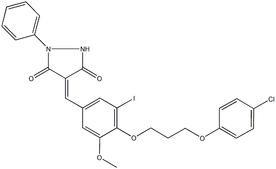 4-{4-[3-(4-chlorophenoxy)propoxy]-3-iodo-5-methoxybenzylidene}-1-phenyl-3,5-pyrazolidinedione Struktur