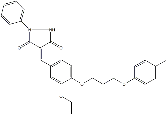 4-{3-ethoxy-4-[3-(4-methylphenoxy)propoxy]benzylidene}-1-phenyl-3,5-pyrazolidinedione Struktur