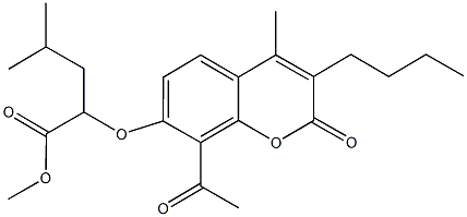 methyl 2-[(8-acetyl-3-butyl-4-methyl-2-oxo-2H-chromen-7-yl)oxy]-4-methylpentanoate Struktur