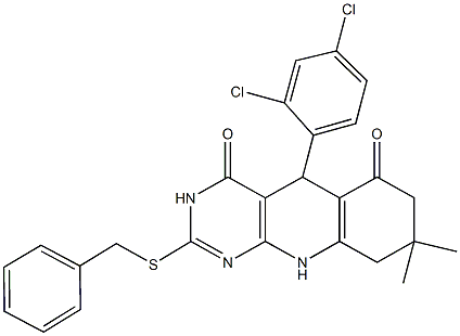 2-(benzylsulfanyl)-5-(2,4-dichlorophenyl)-8,8-dimethyl-5,8,9,10-tetrahydropyrimido[4,5-b]quinoline-4,6(3H,7H)-dione Struktur