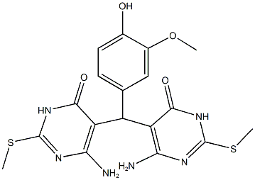 6-amino-5-[[4-amino-2-(methylsulfanyl)-6-oxo-1,6-dihydropyrimidin-5-yl](4-hydroxy-3-methoxyphenyl)methyl]-2-(methylsulfanyl)pyrimidin-4(3H)-one Struktur