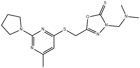 3-[(dimethylamino)methyl]-5-({[6-methyl-2-(1-pyrrolidinyl)-4-pyrimidinyl]sulfanyl}methyl)-1,3,4-oxadiazole-2(3H)-thione Struktur