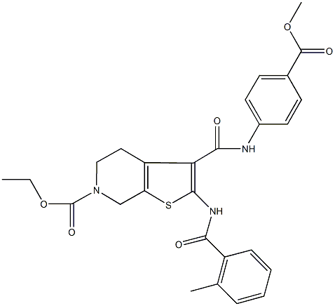 ethyl 3-{[4-(methoxycarbonyl)anilino]carbonyl}-2-[(2-methylbenzoyl)amino]-4,7-dihydrothieno[2,3-c]pyridine-6(5H)-carboxylate Struktur