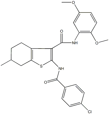 2-[(4-chlorobenzoyl)amino]-N-(2,5-dimethoxyphenyl)-6-methyl-4,5,6,7-tetrahydro-1-benzothiophene-3-carboxamide Struktur