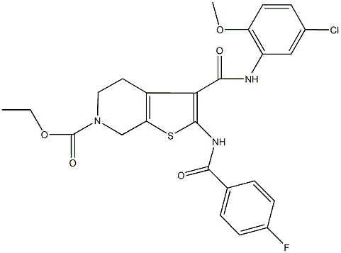 ethyl 3-[(5-chloro-2-methoxyanilino)carbonyl]-2-[(4-fluorobenzoyl)amino]-4,7-dihydrothieno[2,3-c]pyridine-6(5H)-carboxylate Struktur