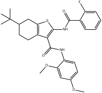 6-tert-butyl-N-(2,4-dimethoxyphenyl)-2-[(2-fluorobenzoyl)amino]-4,5,6,7-tetrahydro-1-benzothiophene-3-carboxamide Struktur