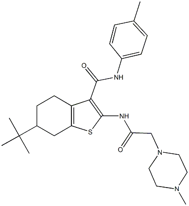 6-tert-butyl-N-(4-methylphenyl)-2-{[(4-methyl-1-piperazinyl)acetyl]amino}-4,5,6,7-tetrahydro-1-benzothiophene-3-carboxamide Struktur