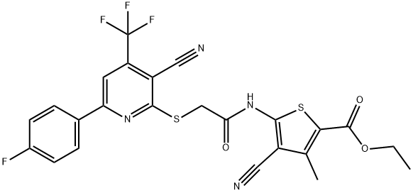 ethyl 4-cyano-5-[({[3-cyano-6-(4-fluorophenyl)-4-(trifluoromethyl)pyridin-2-yl]sulfanyl}acetyl)amino]-3-methylthiophene-2-carboxylate Struktur