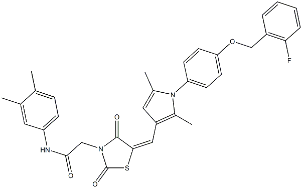 N-(3,4-dimethylphenyl)-2-{5-[(1-{4-[(2-fluorobenzyl)oxy]phenyl}-2,5-dimethyl-1H-pyrrol-3-yl)methylene]-2,4-dioxo-1,3-thiazolidin-3-yl}acetamide Struktur