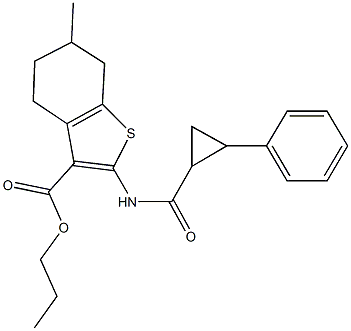 propyl 6-methyl-2-{[(2-phenylcyclopropyl)carbonyl]amino}-4,5,6,7-tetrahydro-1-benzothiophene-3-carboxylate Struktur