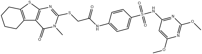 N-(4-{[(2,6-dimethoxy-4-pyrimidinyl)amino]sulfonyl}phenyl)-2-[(3-methyl-4-oxo-3,4,5,6,7,8-hexahydro[1]benzothieno[2,3-d]pyrimidin-2-yl)sulfanyl]acetamide Struktur