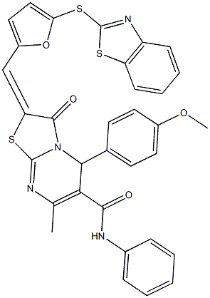 2-{[5-(1,3-benzothiazol-2-ylsulfanyl)-2-furyl]methylene}-5-(4-methoxyphenyl)-7-methyl-3-oxo-N-phenyl-2,3-dihydro-5H-[1,3]thiazolo[3,2-a]pyrimidine-6-carboxamide Struktur