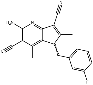 2-amino-5-(3-fluorobenzylidene)-4,6-dimethyl-5H-cyclopenta[b]pyridine-3,7-dicarbonitrile Struktur