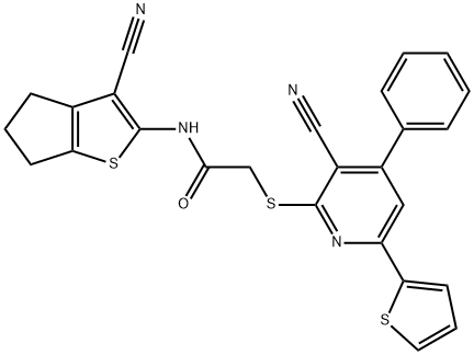 N-(3-cyano-5,6-dihydro-4H-cyclopenta[b]thien-2-yl)-2-{[3-cyano-4-phenyl-6-(2-thienyl)-2-pyridinyl]sulfanyl}acetamide Struktur