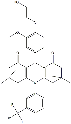 9-[4-(2-hydroxyethoxy)-3-methoxyphenyl]-3,3,6,6-tetramethyl-10-[3-(trifluoromethyl)phenyl]-3,4,6,7,9,10-hexahydro-1,8(2H,5H)-acridinedione Struktur