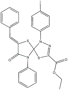 ethyl 7-benzylidene-1-(4-methylphenyl)-8-oxo-9-phenyl-4,6-dithia-1,2,9-triazaspiro[4.4]non-2-ene-3-carboxylate Struktur