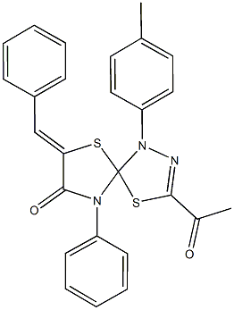 3-acetyl-7-benzylidene-1-(4-methylphenyl)-9-phenyl-4,6-dithia-1,2,9-triazaspiro[4.4]non-2-en-8-one Struktur