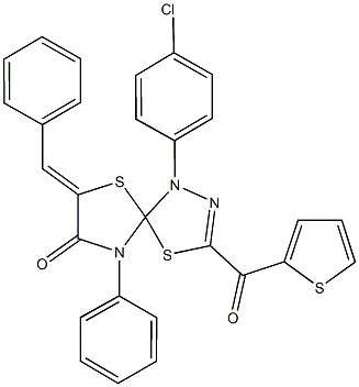 7-benzylidene-1-(4-chlorophenyl)-9-phenyl-3-(2-thienylcarbonyl)-4,6-dithia-1,2,9-triazaspiro[4.4]non-2-en-8-one Struktur