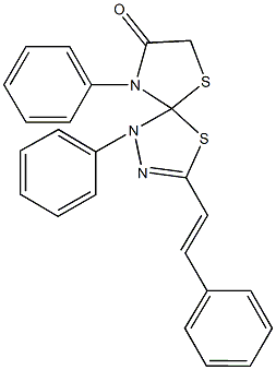 1,9-diphenyl-3-(2-phenylvinyl)-4,6-dithia-1,2,9-triazaspiro[4.4]non-2-en-8-one Struktur