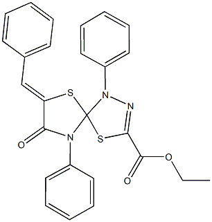 ethyl 7-benzylidene-8-oxo-1,9-diphenyl-4,6-dithia-1,2,9-triazaspiro[4.4]non-2-ene-3-carboxylate Struktur