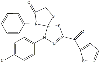 1-(4-chlorophenyl)-9-phenyl-3-(2-thienylcarbonyl)-4,6-dithia-1,2,9-triazaspiro[4.4]non-2-en-8-one Struktur