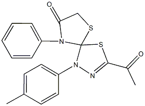 3-acetyl-1-(4-methylphenyl)-9-phenyl-4,6-dithia-1,2,9-triazaspiro[4.4]non-2-en-8-one Struktur