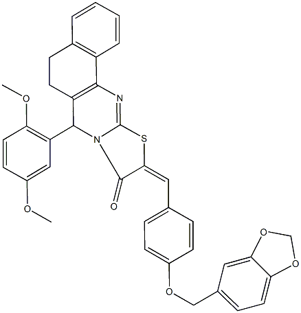 10-[4-(1,3-benzodioxol-5-ylmethoxy)benzylidene]-7-(2,5-dimethoxyphenyl)-5,7-dihydro-6H-benzo[h][1,3]thiazolo[2,3-b]quinazolin-9(10H)-one Struktur