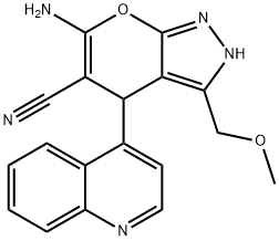 6-amino-3-(methoxymethyl)-4-(4-quinolinyl)-2,4-dihydropyrano[2,3-c]pyrazole-5-carbonitrile Struktur