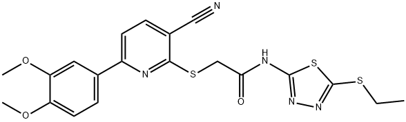 2-{[3-cyano-6-(3,4-dimethoxyphenyl)pyridin-2-yl]sulfanyl}-N-[5-(ethylsulfanyl)-1,3,4-thiadiazol-2-yl]acetamide Struktur